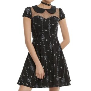 Hell Bunny Gemma Skull Cross Goth Cameo Collar Mini Black Dress Size XS
